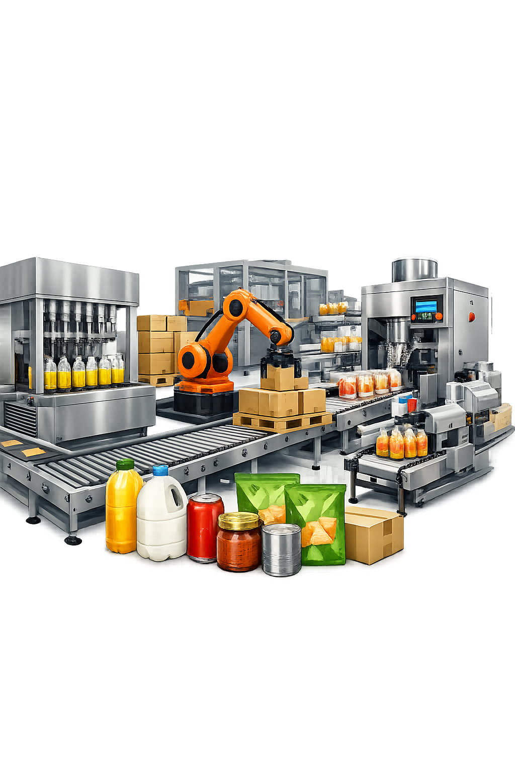 Industrial packaging machinery and automated product handling systems