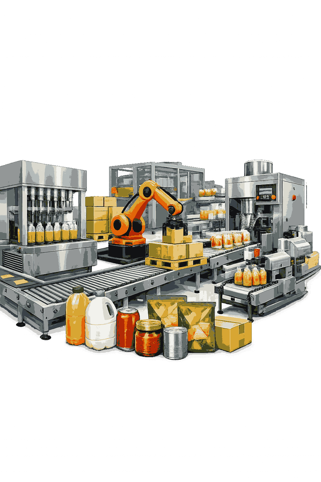 Industrial packaging machinery and automated product handling systems