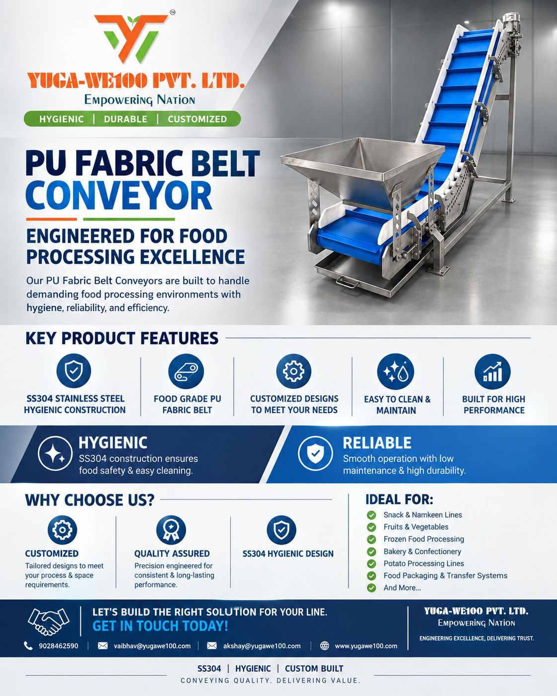 PU Fabric Belt Elevator Manufacturer India for Food Processing