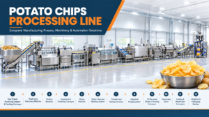 Potato chips processing line with industrial potato washing, slicing, frying, seasoning, and conveyor machinery.
